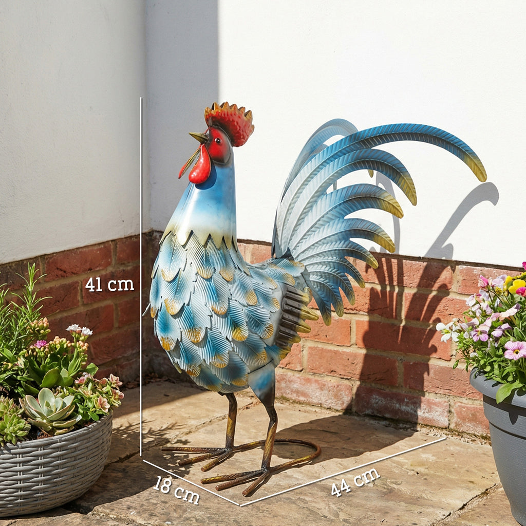 Hahn-Gartenstatue, Metall-Gartenfigur, 41 cm stehende Hahn-Skulptur mit Bodenankern, Mehrfarbig