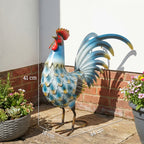 Hahn-Gartenstatue, Metall-Gartenfigur, 41 cm stehende Hahn-Skulptur mit Bodenankern, Mehrfarbig
