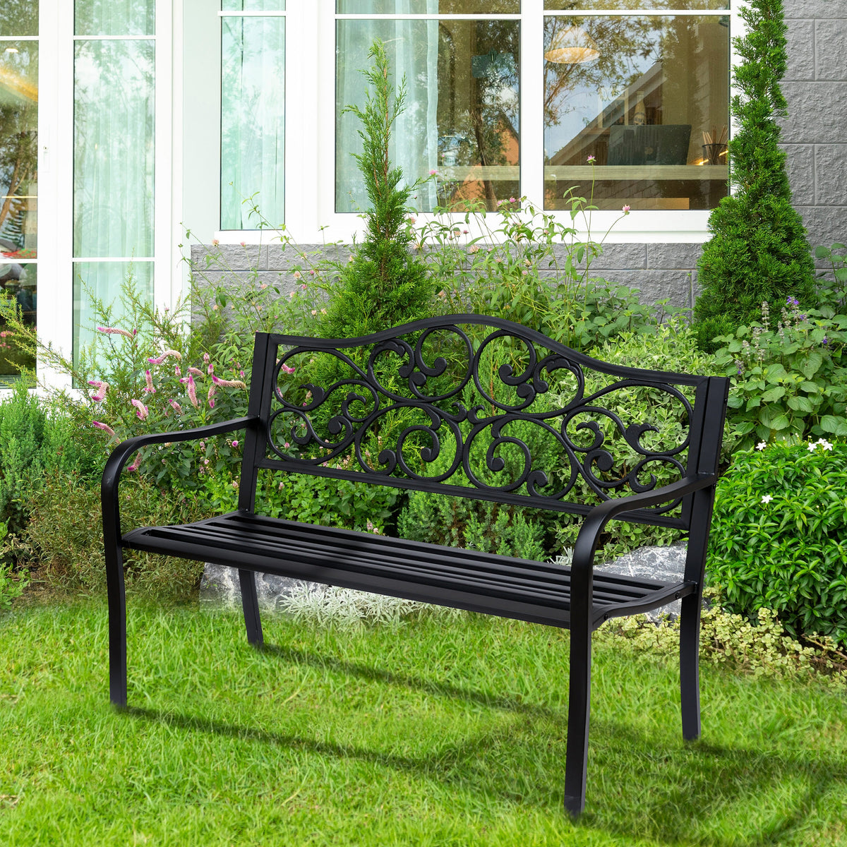 Metal Garden Bench with Floral Backrest and Armrests - Black