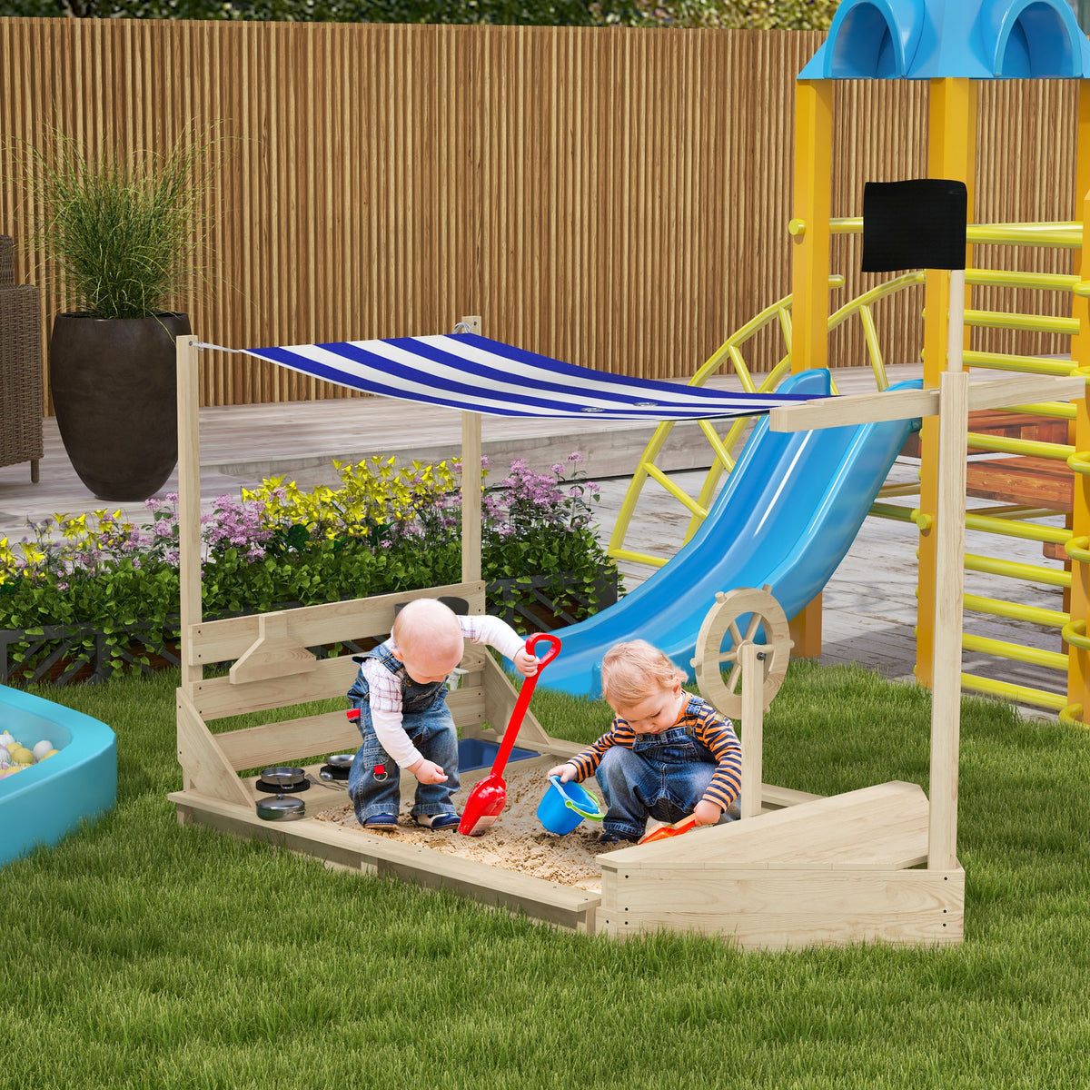 Sandkasten mit Sonnendach Piratenschiff, inkl. Kinderküchenspielset, Massivholz, 180 x 103 x 144,5 cm, Natur + Blau