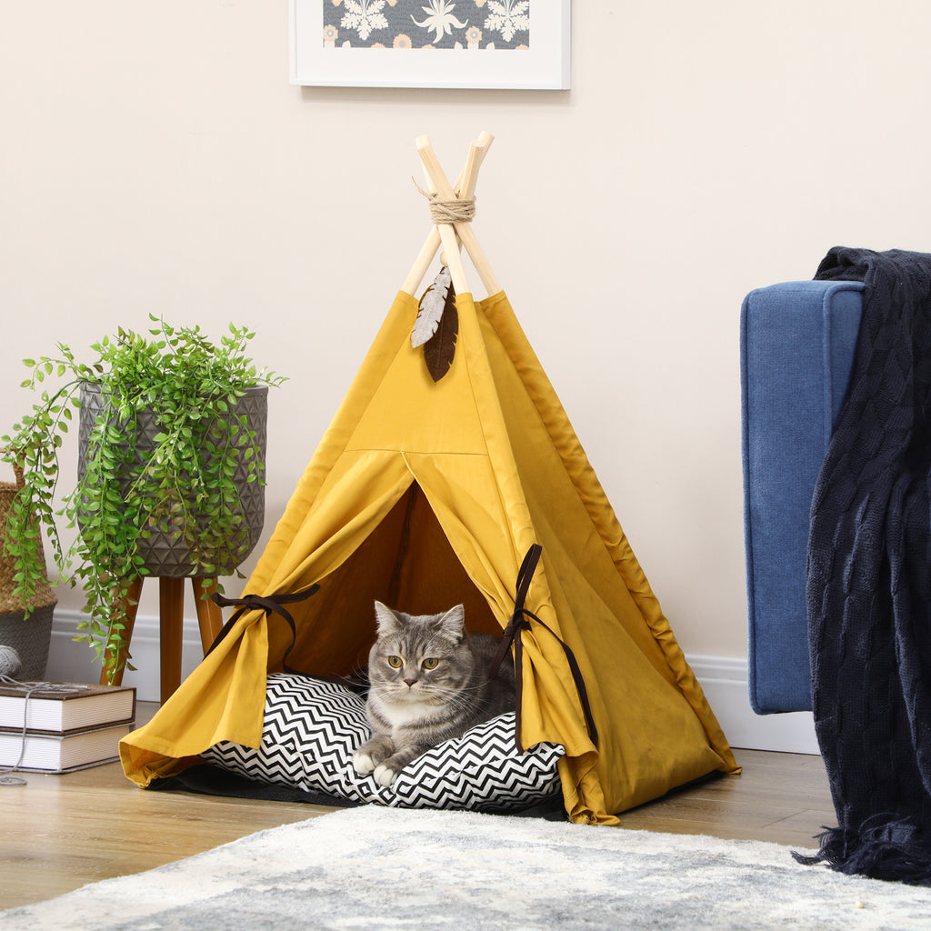 Tierbett, drolliges Tipi-Design, mit weichem Liegekissen, Bodenmatte, für Hunde und Katzen, 60 x 60 x 76 cm