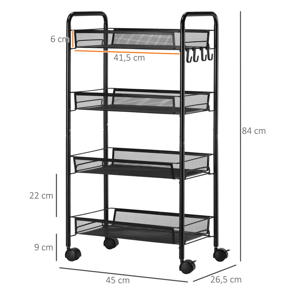 Rollwagen mit 4 H?ngek?rben, Servierwagen auf Rollen, fahrbar, abnehmbare Haken, Stahl, 45 x 26,5 x 84 cm, Schwarz