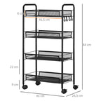 Rollwagen mit 4 H?ngek?rben, Servierwagen auf Rollen, fahrbar, abnehmbare Haken, Stahl, 45 x 26,5 x 84 cm, Schwarz