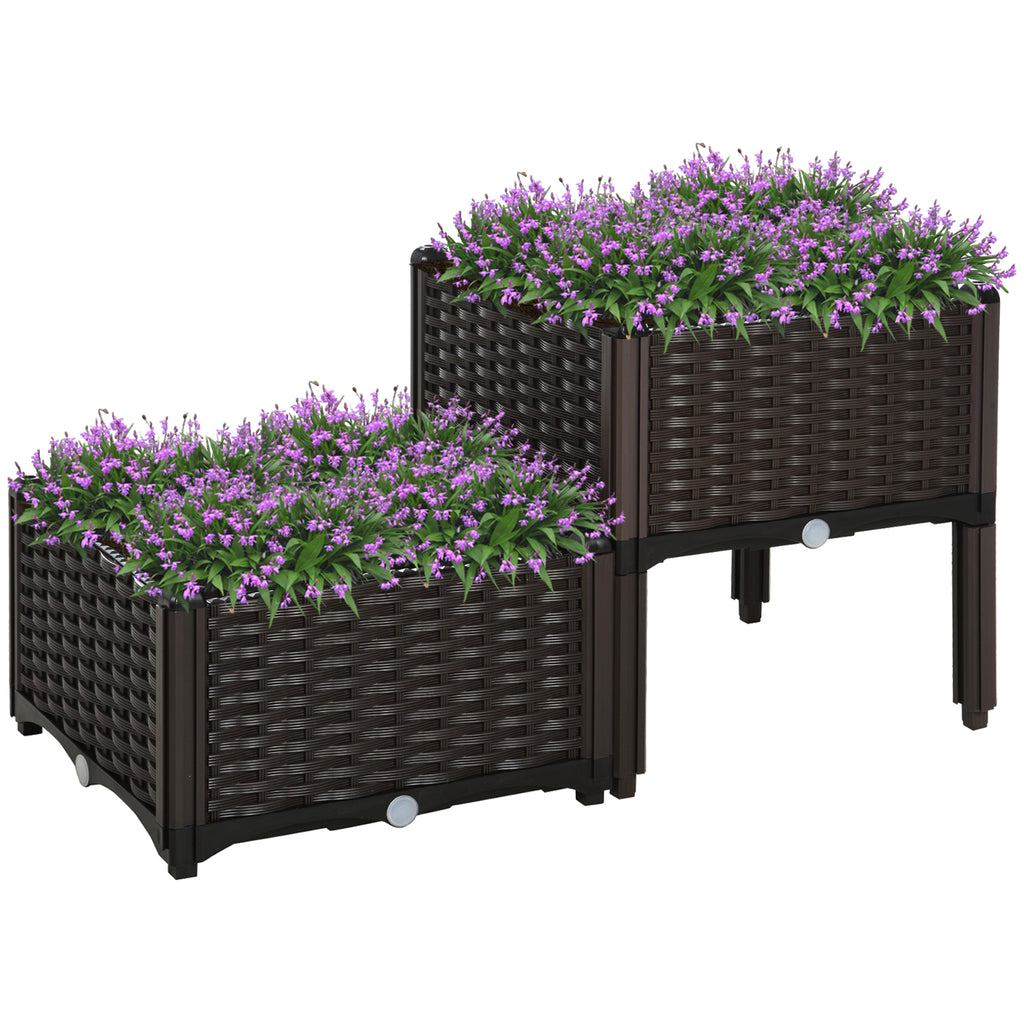 Hochbeet, Pflanzkasten mit Abflusslöchern, Blumenkasten im Rattan-Look, Kunststoff, Braun, 40 x 40 x 44 cm