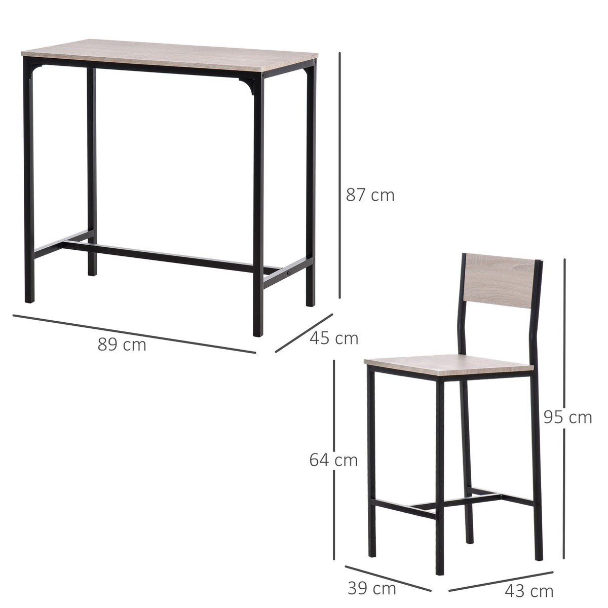3-Piece Bar Table Set with 2 Stools, Industrial Breakfast Bar Set with Footrest, Backrest for Dining Room, Small Space