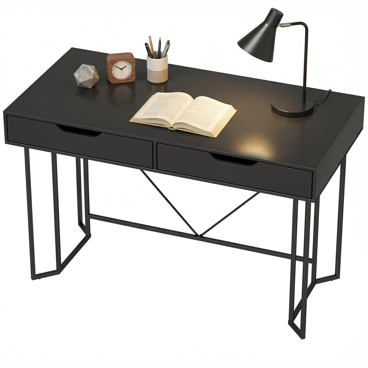 Kleiner Computertisch mit 2 Schubladen, Schreibtisch mit großer Arbeitsfläche 120 x 60 x 77 cm Schwarz