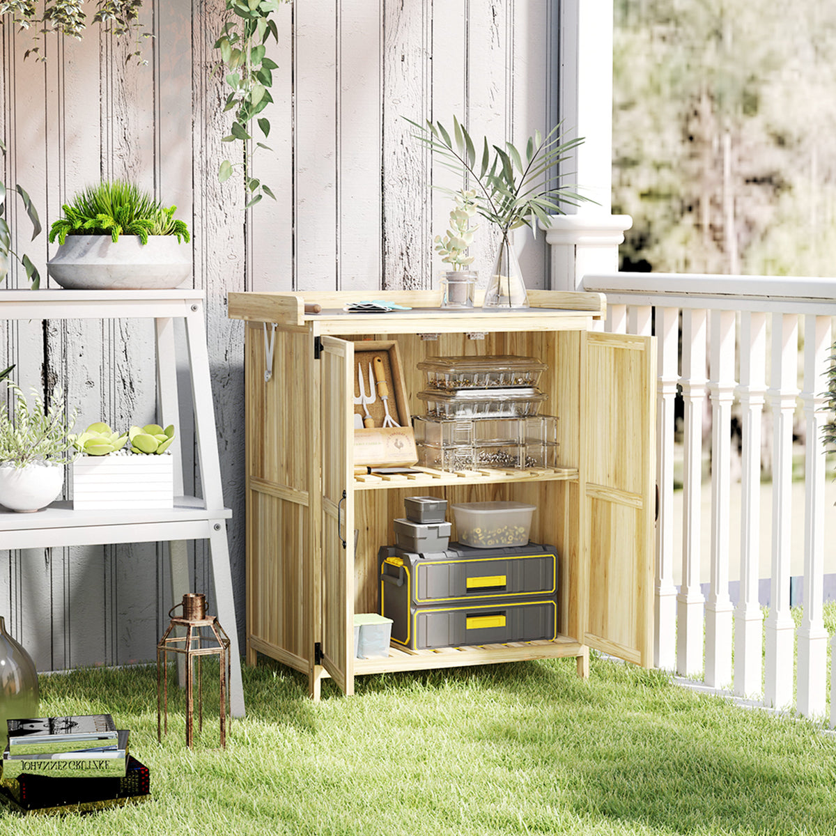 43 x 74cm Fir Wood Shed, with Metal Worktop - Natural Finish
