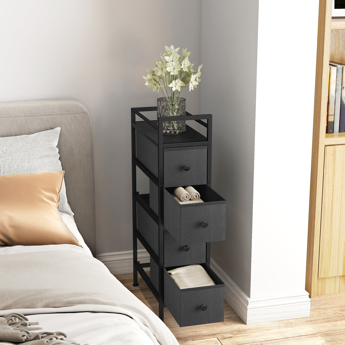 4 Drawer Fabric Dresser Chest of Drawers, Slim Storage Cabinet with Steel Frame for Small Spaces, Bedroom, Black