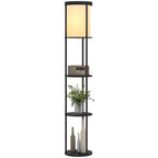Stehlampe mit 3 Regalen, rundes Design, Fernbedienung, Fußschalter, verstellbare Lichtwärme, für Wohnzimmer, Schwarz