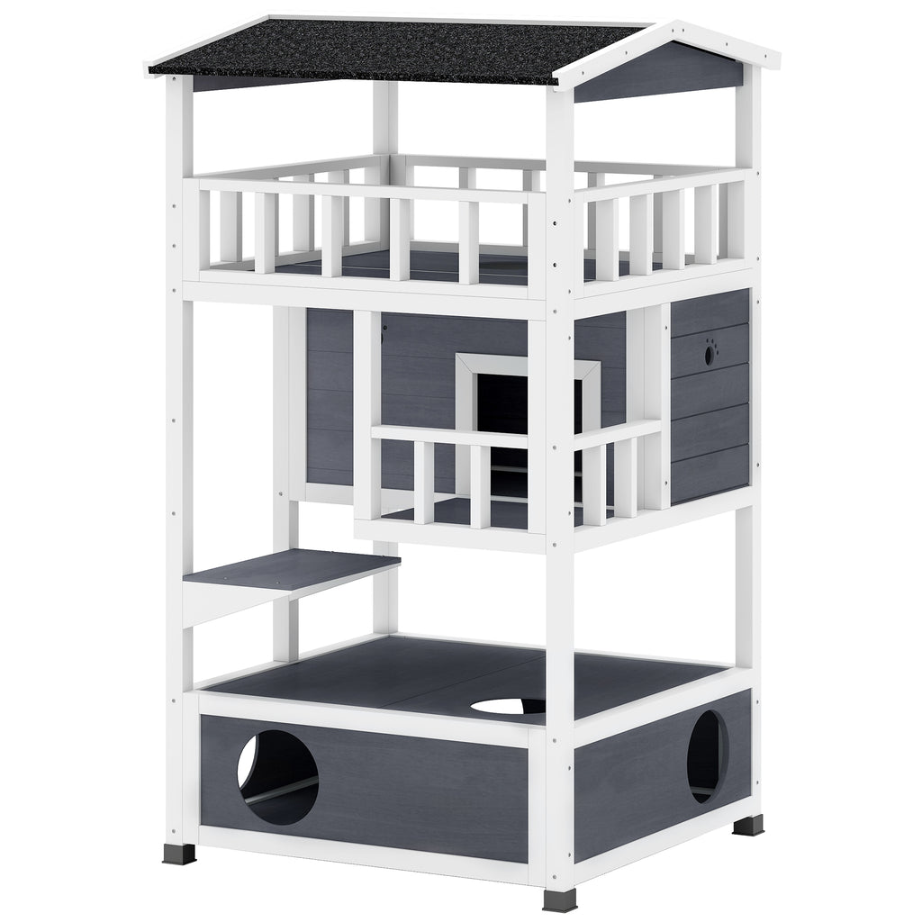 Wooden Outdoor Cat House, 3-Tier Cat Shelter with Tilted Roof, Terrace, Jump Step, Bottom Tray and Elevated Base, Waterproof Paint, Grey