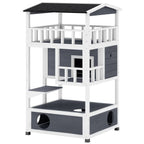 Wooden Outdoor Cat House, 3-Tier Cat Shelter with Tilted Roof, Terrace, Jump Step, Bottom Tray and Elevated Base, Waterproof Paint, Grey