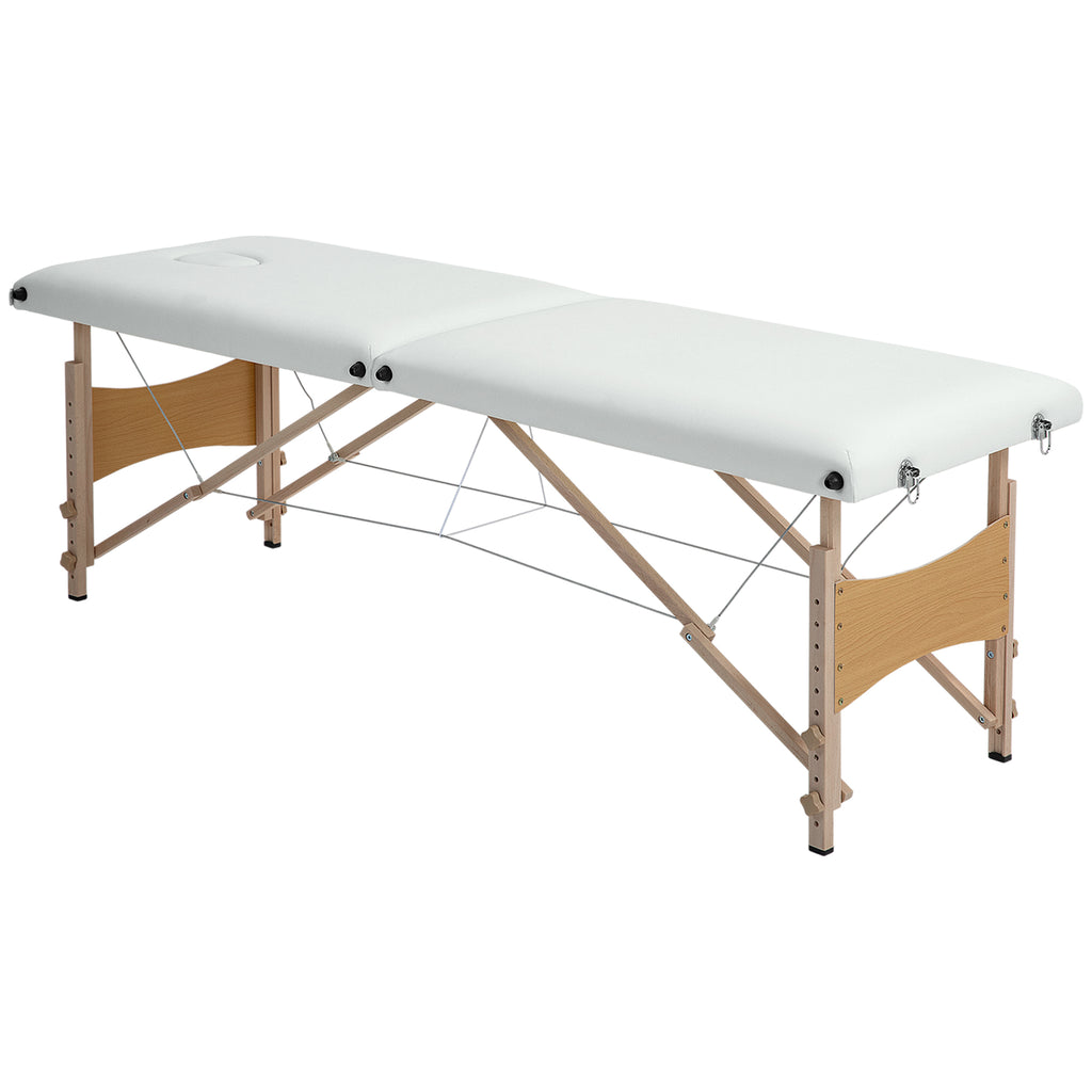 Mobile Massageliege 2 Zonen Klappbar Höhenverstellbar Massagetisch 60 cm Breit mit Tragetasche Holzfüßen Cremeweiß