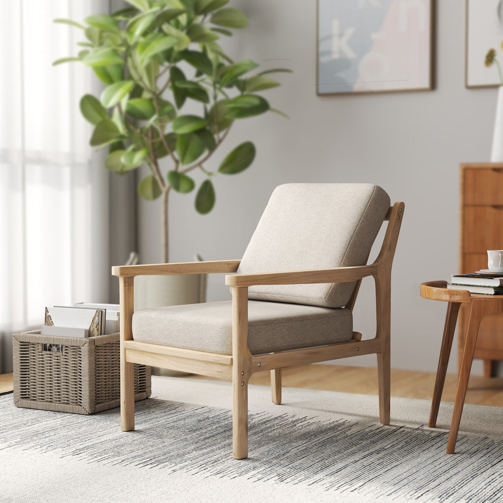 Polsterstuhl mit Armlehnen, solidem Holzrahmen und abnehmbaren Kissen, für Wohnzimmer, Schlafzimmer, Beige