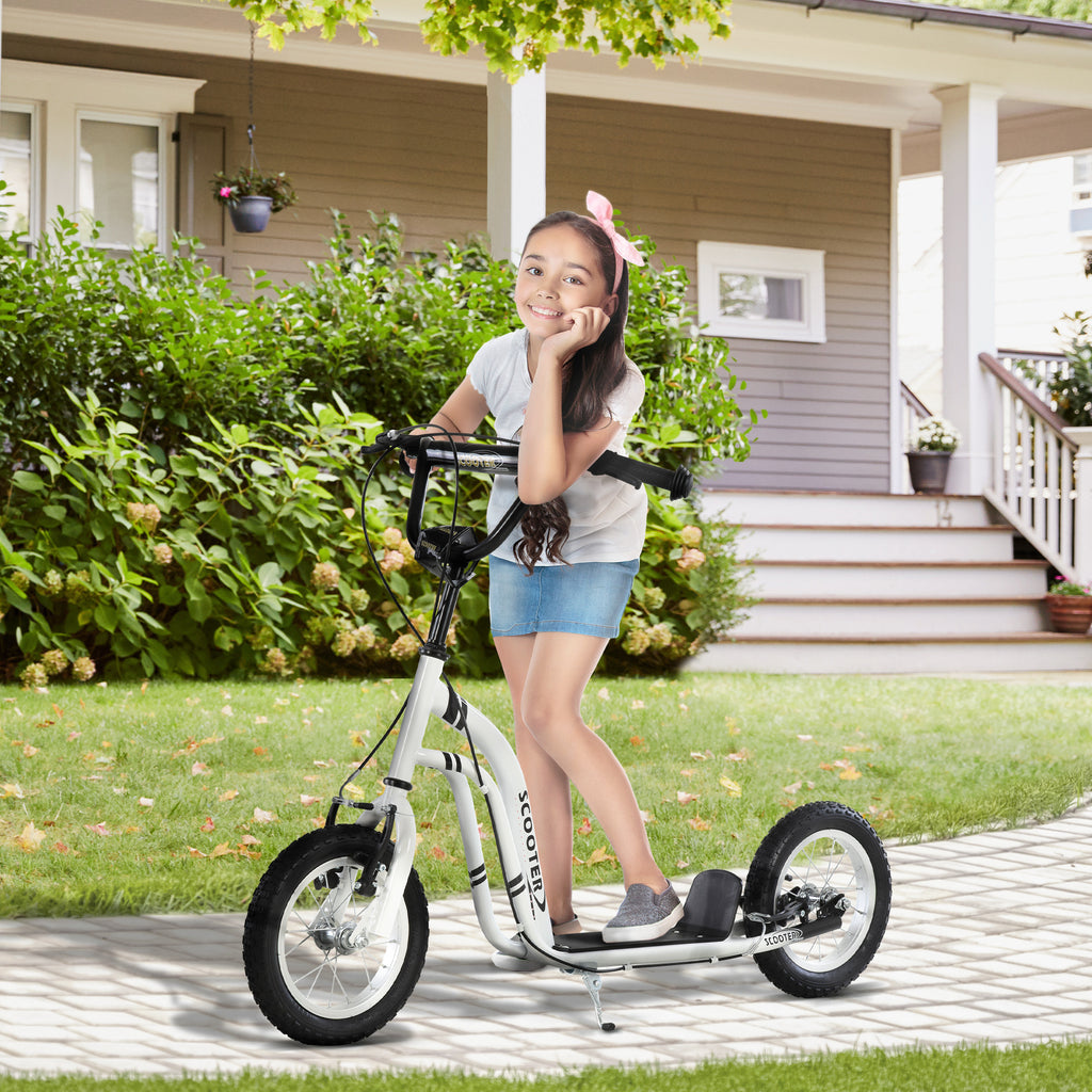 Teen Kids Stunt Scooter w/ Adjustable Handlebar, 12 Inch Rubber Tyres, Dual Brakes, White