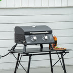 Tischgrill Gasgrill BBQ mit 2 Brennern mobiler Grillwagen Grillnetz klein Outdoor Tischgasgrill Picknick mit Druckminderer Schlauch Edelstahl Schwarz 55 x 46,5 x 41 cm