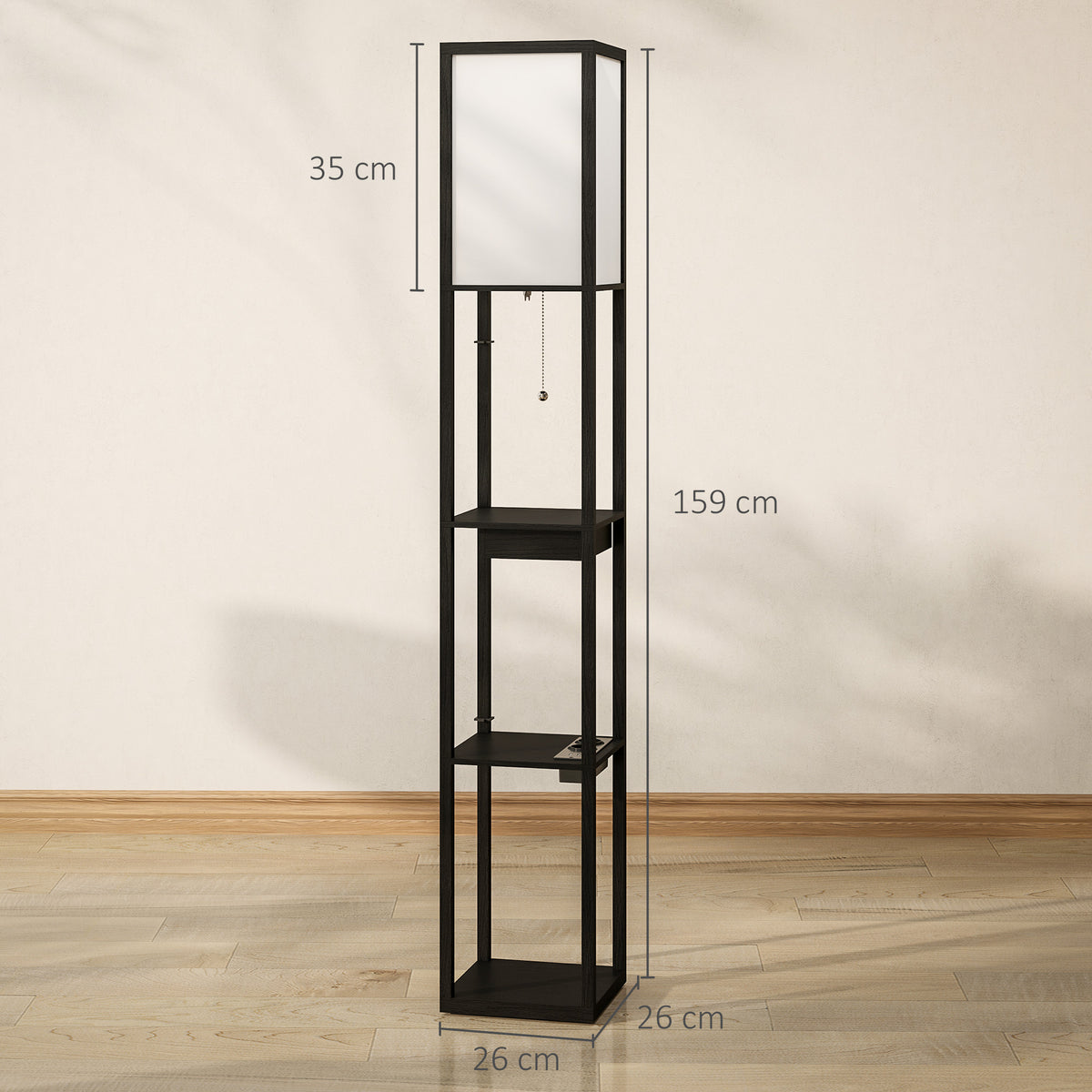 Stehlampe mit 3-stufigem Regal, Fußschalter, USB-Anschlüssen, MDF, Schwarz