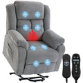 Aufstehsessel mit Massagefunktion und Lendenheizung, Recliner-Sessel mit Fernbedienungen und Seitentaschen, Hellgrau