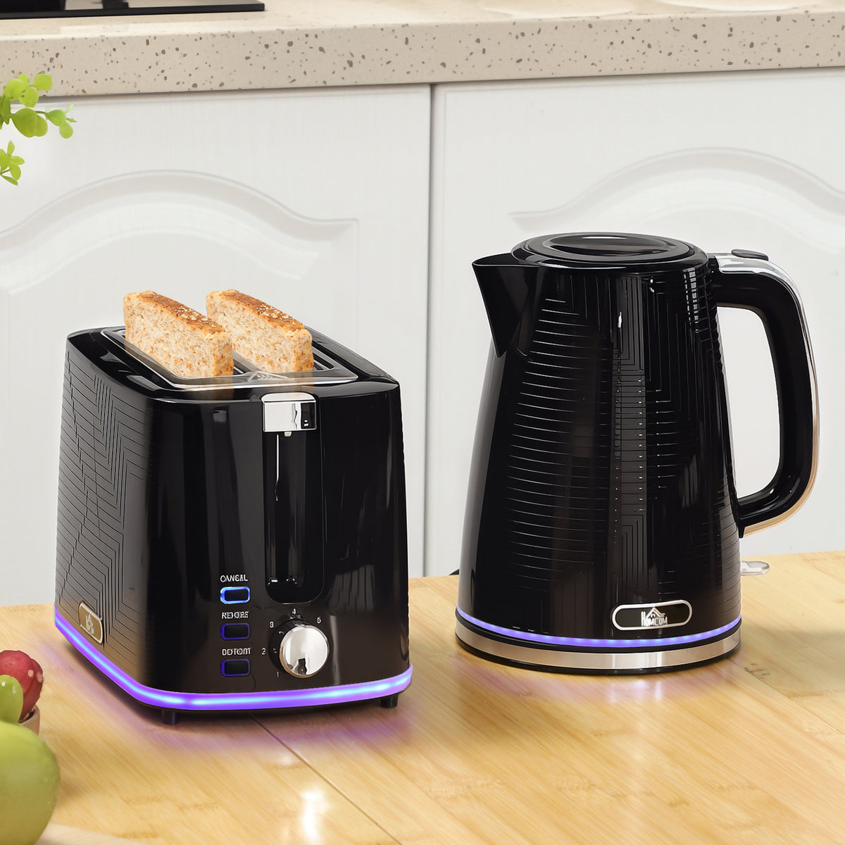 Wasserkocher- und Toaster-Set, 2200W, Otter-Thermostat, 2-Schlitz-Toaster, 7 Br?unungsstufen, Kr¨¹melfach, Schwarz