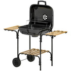 Holzkohlegrill aus Stahl Grillwagen mit abschließbarem Deckel Grillrost Räder Griff Holzablage 98 x 54 x 91 cm Schwarz