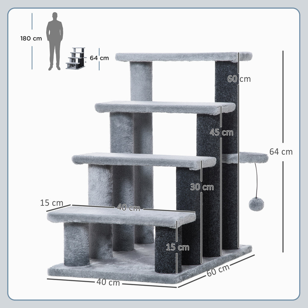 4-step Pet Stairs with Scratching Posts, Platforms, Toy Ball, Grey