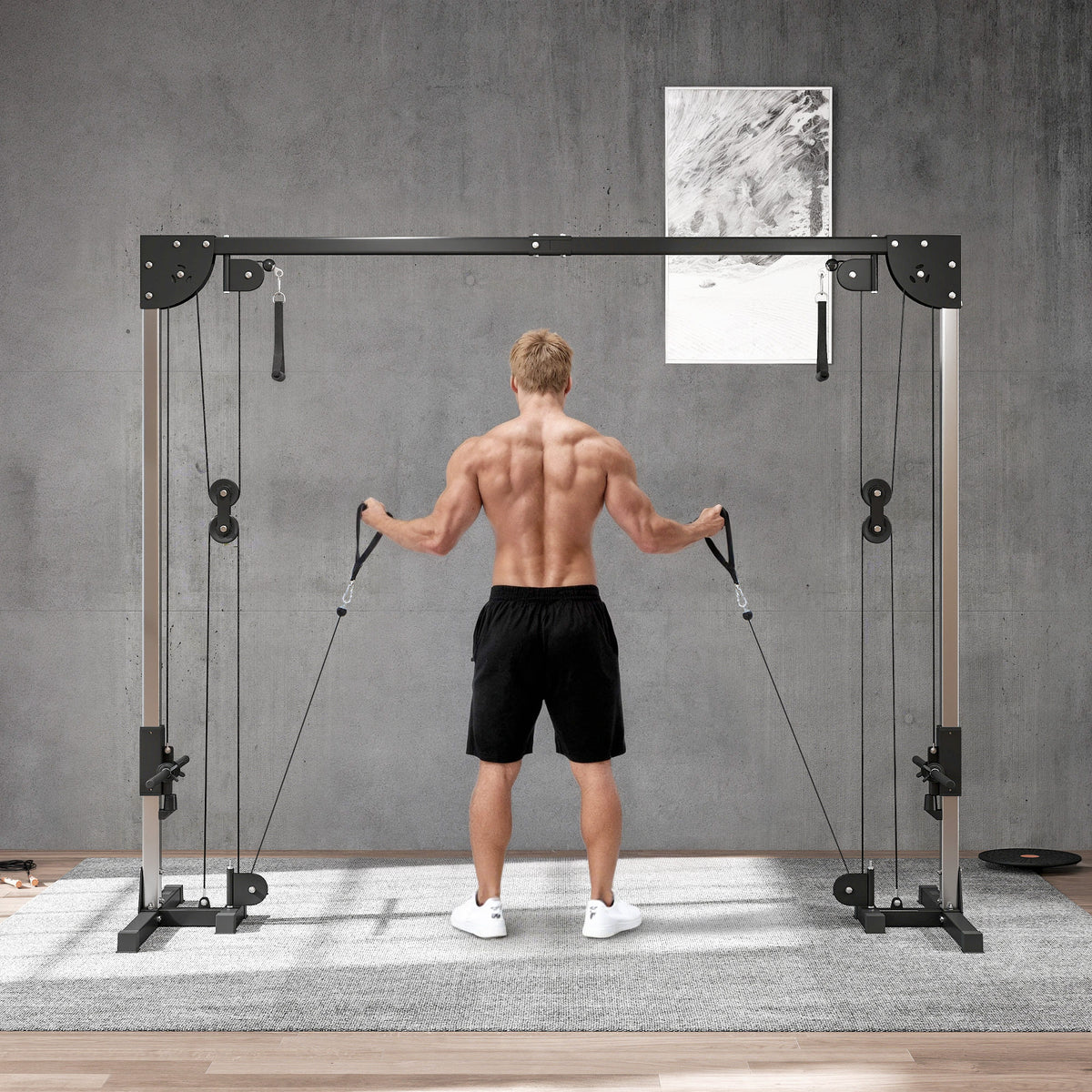 Multi Home Gyms with Cable Pulley System, Cable Crossover Machine with 4 Handles for Full Body Strength Training, Power Rack for Home Workout, Black