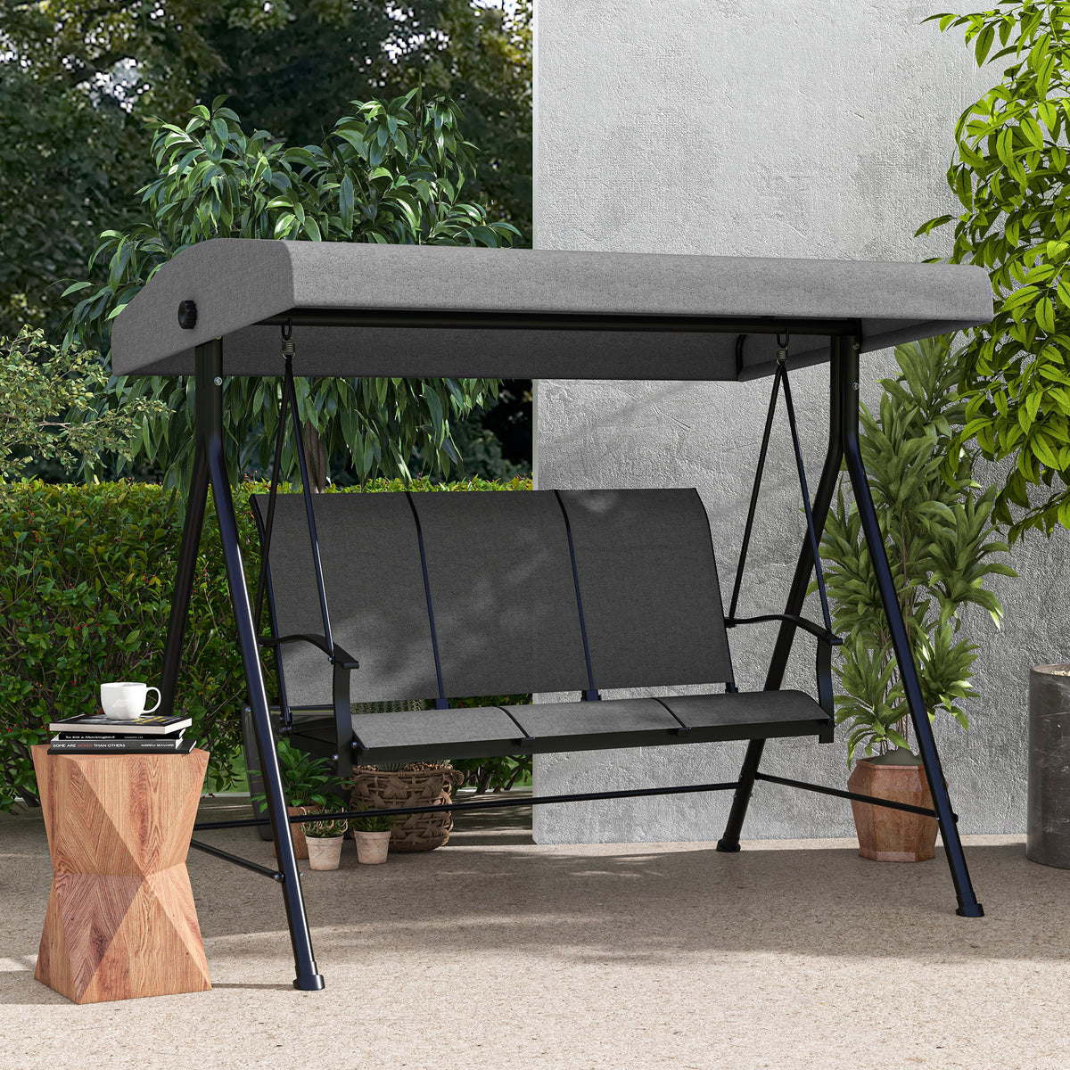 Hollywoodschaukel, für 3 Personen, verstellbares Sonnendach, bis 240 kg, dunkelgrau, 200 x 133 x 176 cm