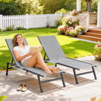 Sun Loungers Set of 2 with Side Tray Table, Garden Recliners with 5-Position Adjustable Backrest, 2 Wheels, Grey