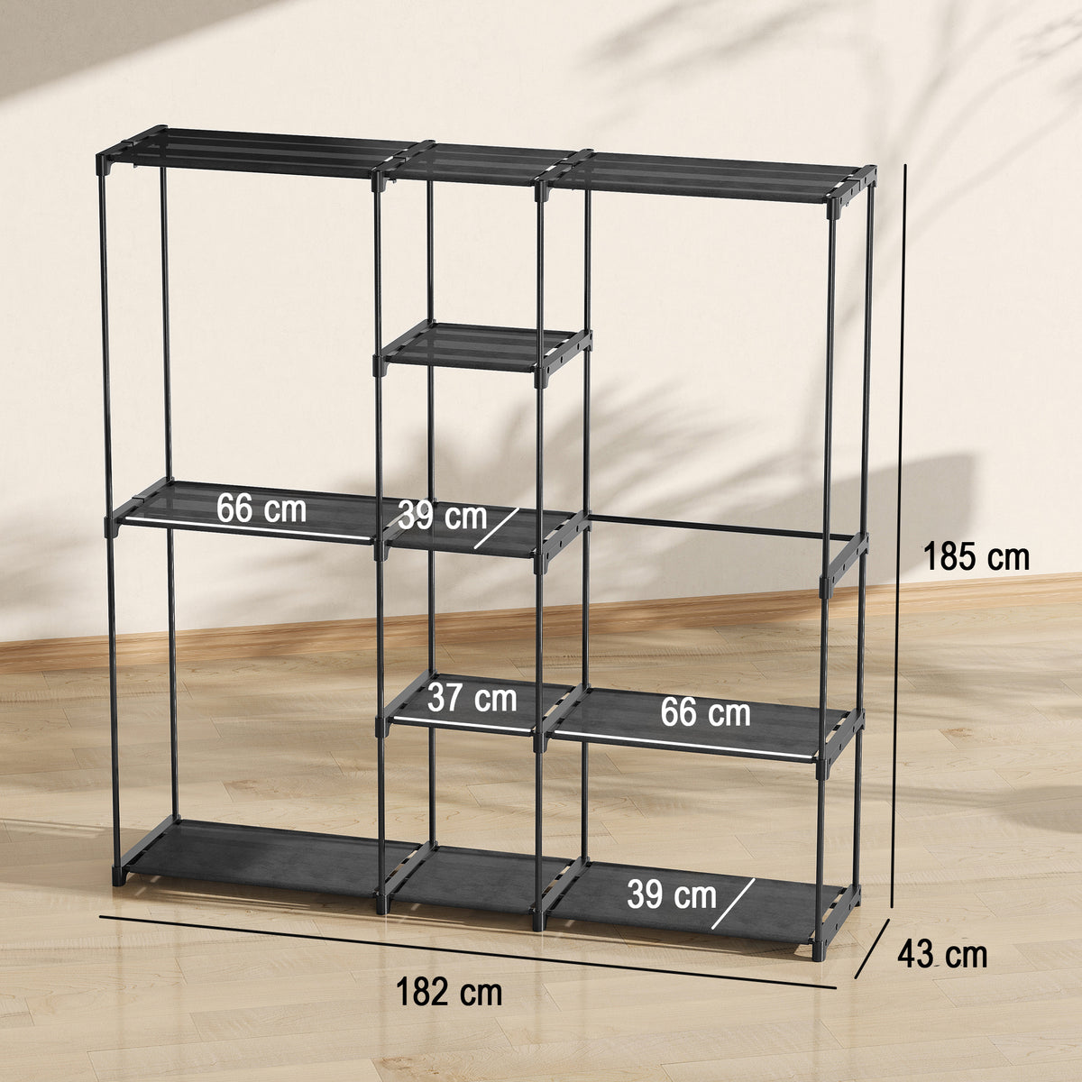 Portable Wardrobe, Open Clothes Wardrobe with 8 Shelves, 3 Hanging Rails, Black