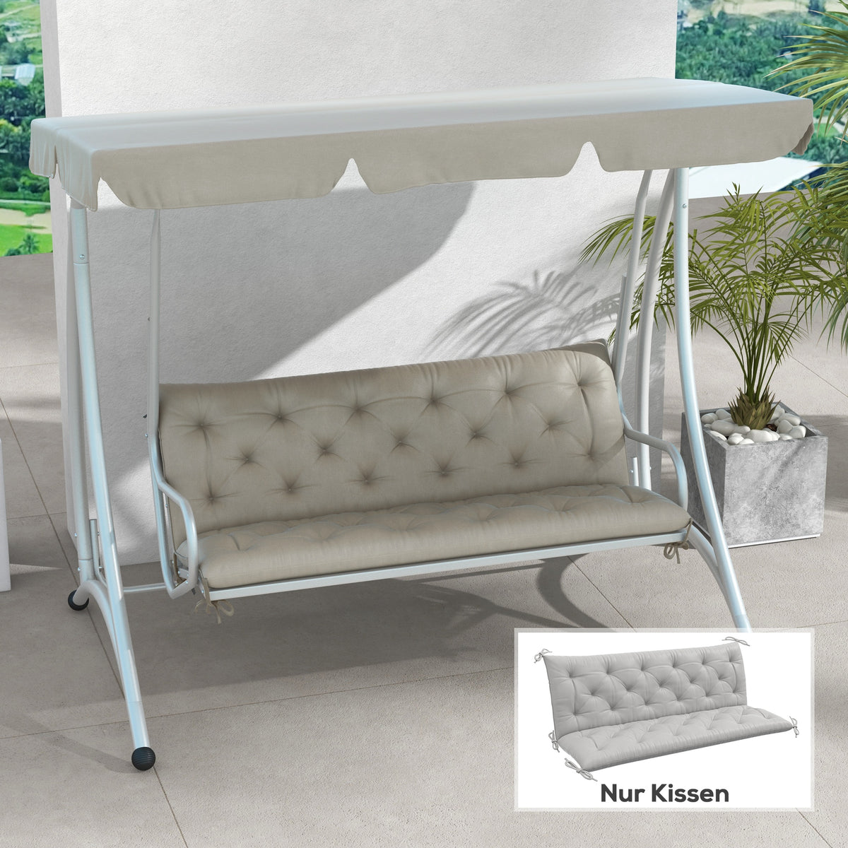 3 Sitzer Bankauflage 150x98x8 cm Bankkissen mit B?ndern, Bankpolster f¨¹r Gartenm?bel Hollywoodschaukel, Hellgrau
