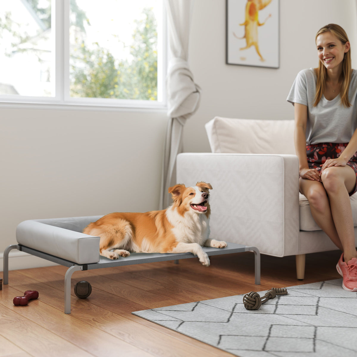 Hundeliege Outdoor, Erh?htes Hundebett f¨¹r Mittelgro?e Hunde, mit L-f?rmige Kissen 110x75x30cm, Hellgrau