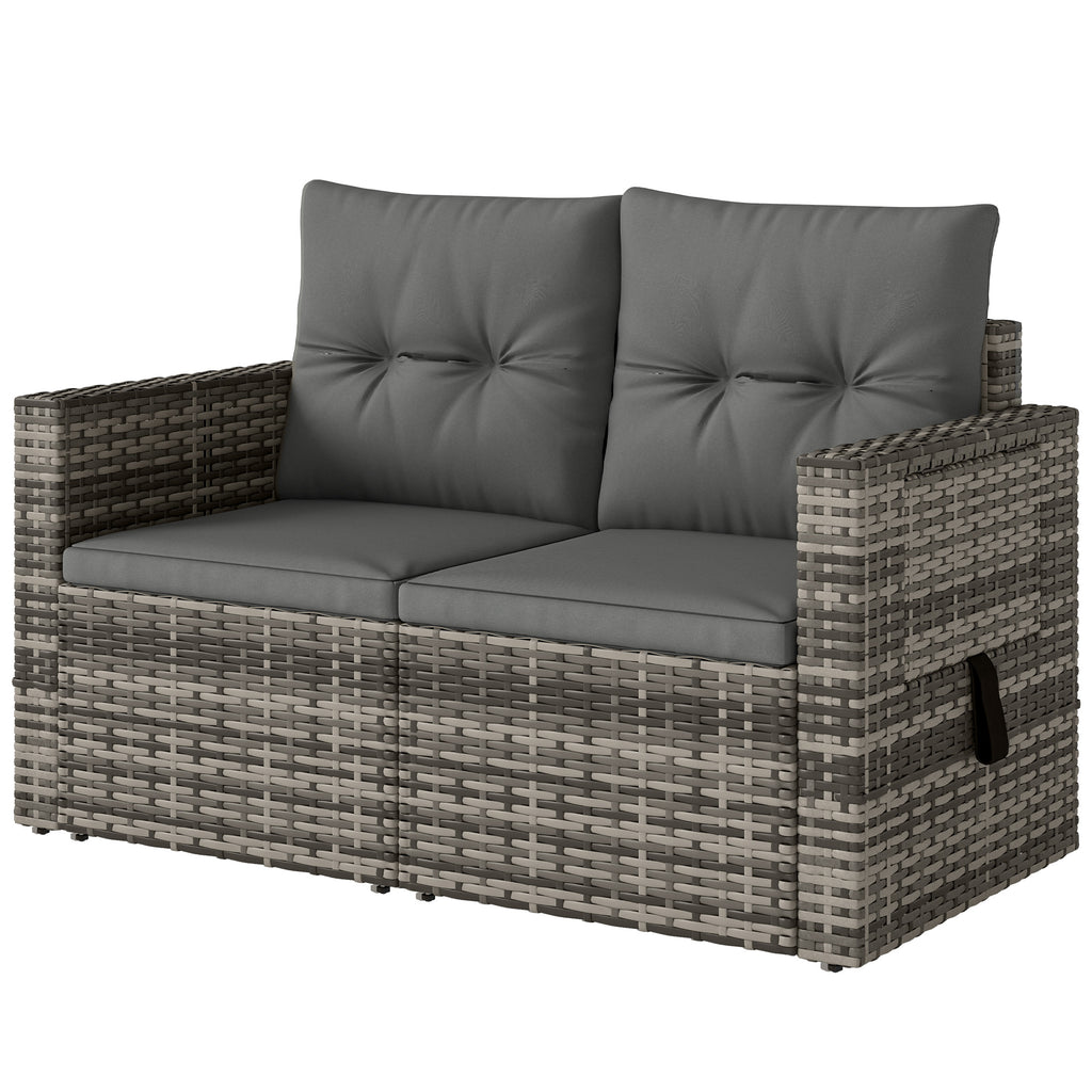 2-Sitzer Rattansofa mit Kissen Klappbar Seitentabletts Loungesofa Sitzgruppe Hellgrau