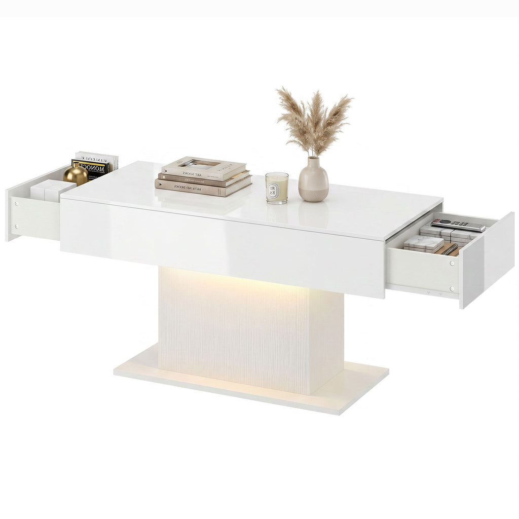 LED Couchtisch mit Stauraum, Hochglanz, Modern, 2 Schubladen & Fernbedienung, Weiß