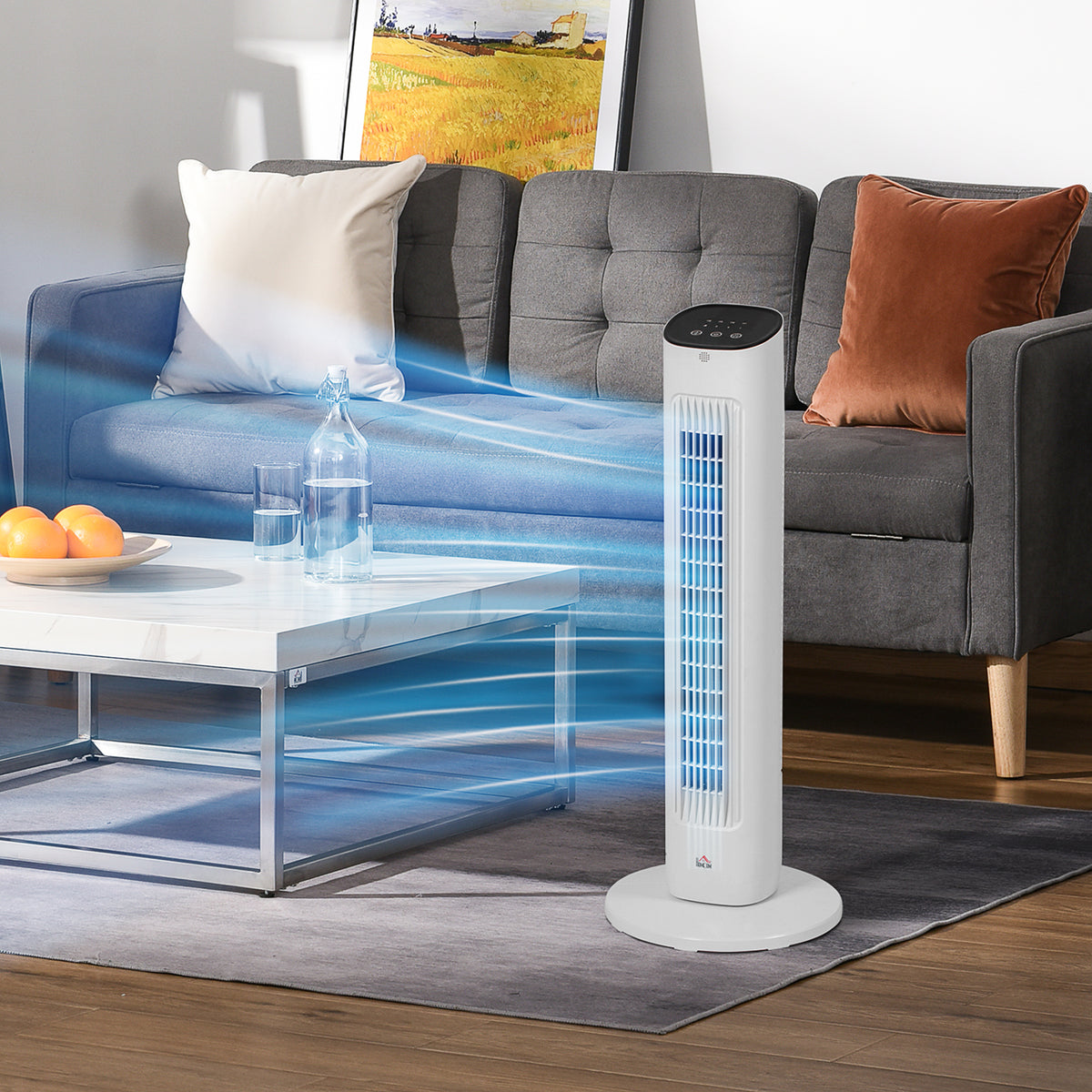 85° oszillierender Turmventilator mit Fernbedienung 3 Geschwindigkeiten 2 Modi Timer LED-Display 30x30x78 cm Weiß