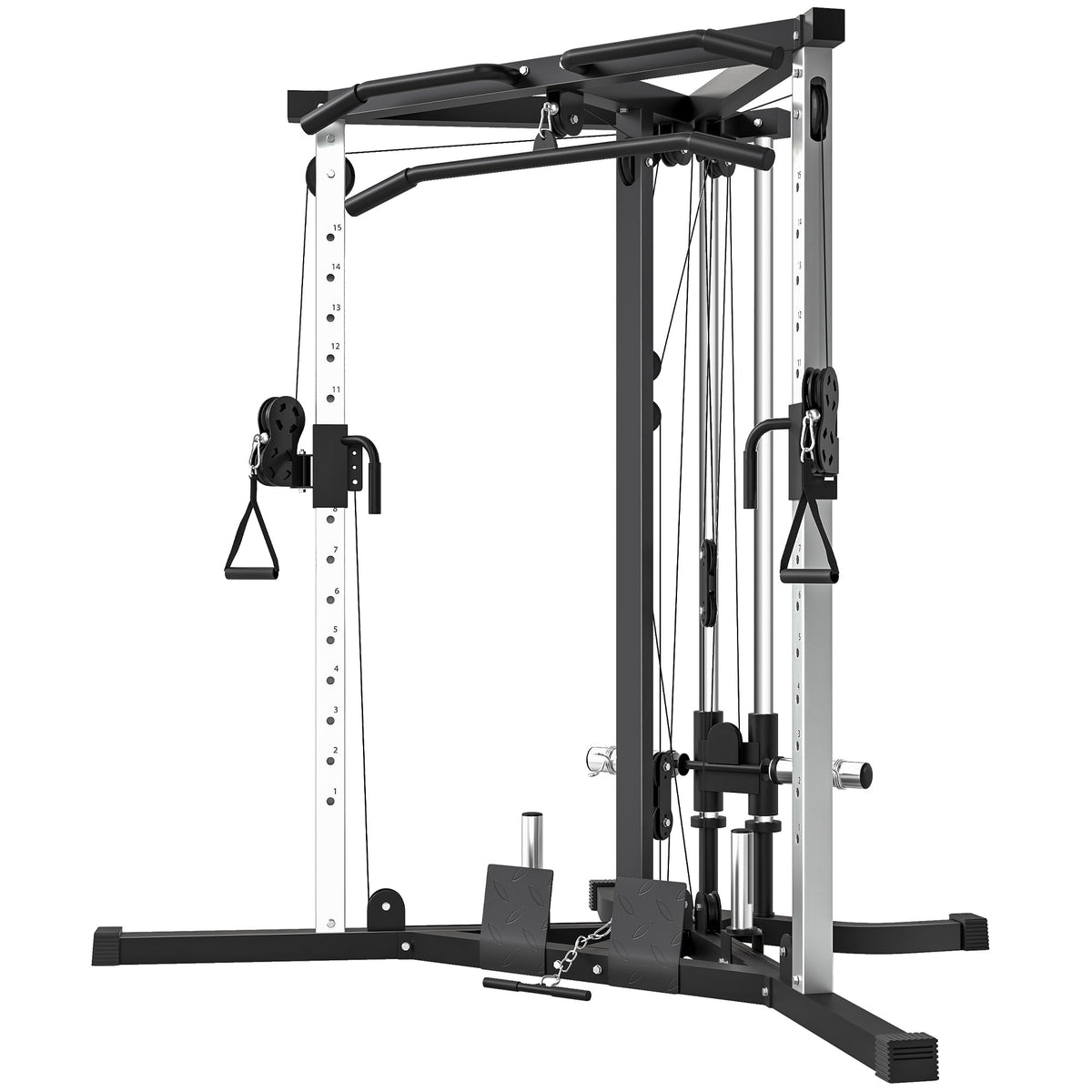 Kraftstation Fitnessstation mit Latzug, Klimmzugstange Curl-/Ruderstange Griffe, 15-fach verstellbar