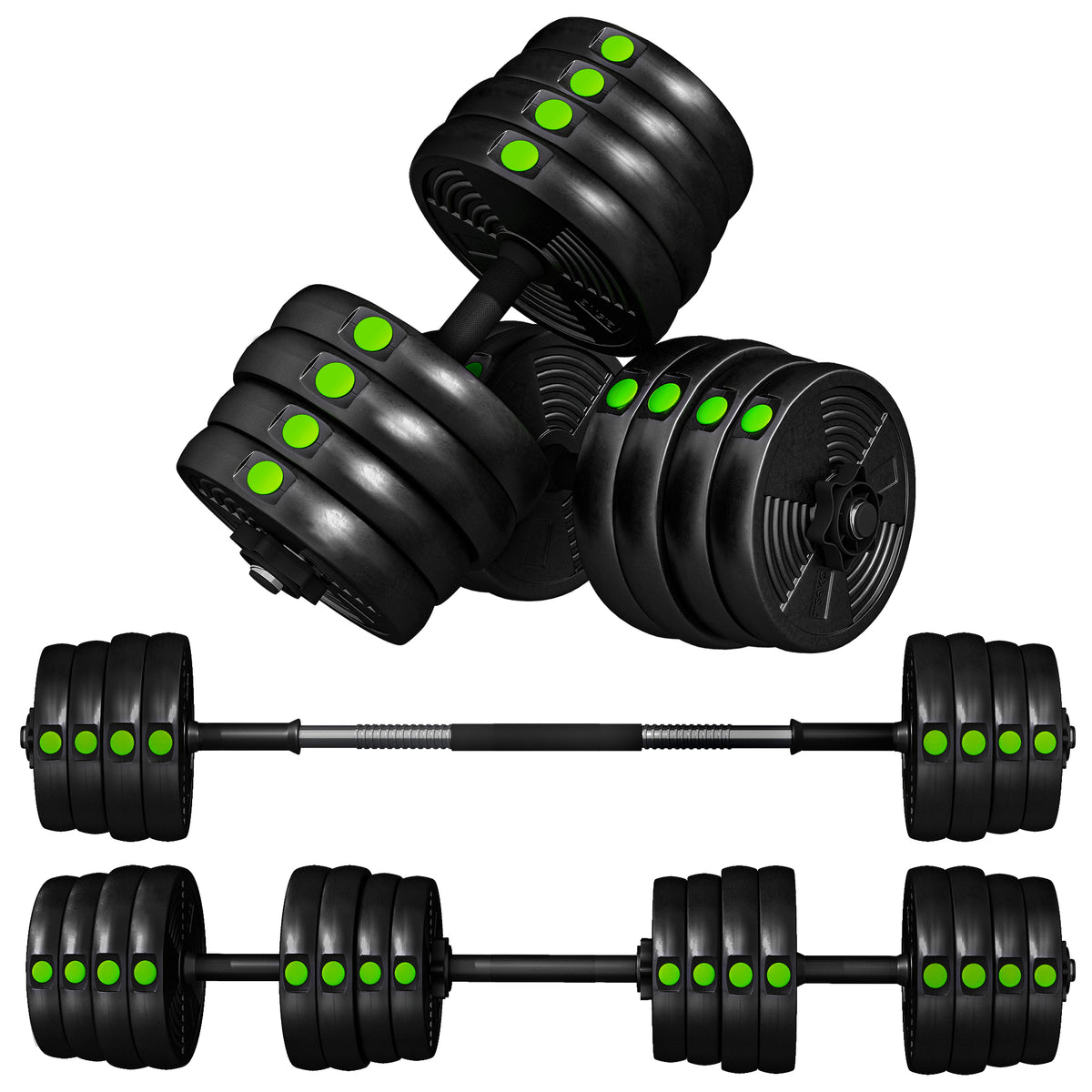 Adjustable Weight Barbell & Dumbbells Set Free Weights Strength Muscle Exercise Home Gym Training, Black and Green