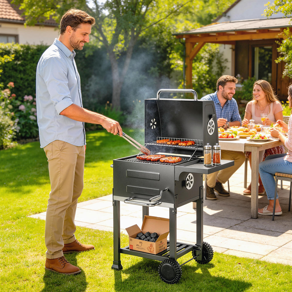 Holzkohlegrill Kompakt Grillwagen mit Deckel Thermometer Grillrost Seitentisch Aschefach Lüftungsschlitzen