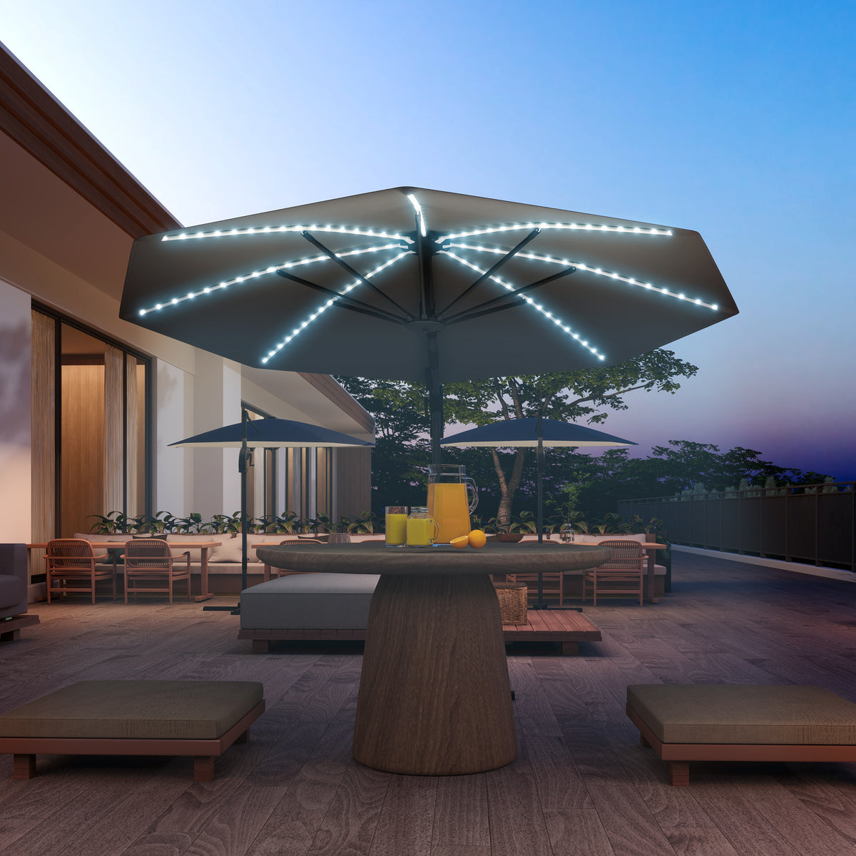 3(m) Cantilever Garden Parasol with Solar Powered Lights, Crank Handle & Cross Base, UPF 50+, 360¡ã Rotation, Dark Grey