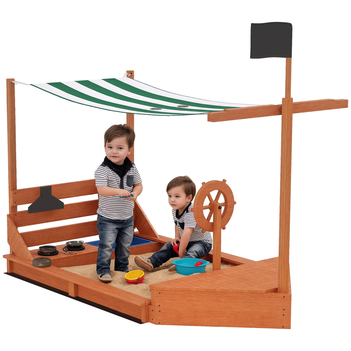 Sandkasten mit Sonnendach Piratenschiff, inkl. Kinderküchenspielset, Massivholz, 180 x 103 x 144,5 cm, Grün