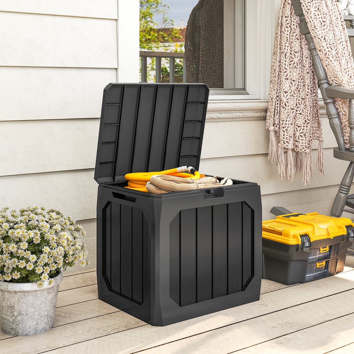121L Kunststoff Garten-Aufbewahrungsbox, Outdoor-Aufbewahrungsbox mit Griffen, Schwarz