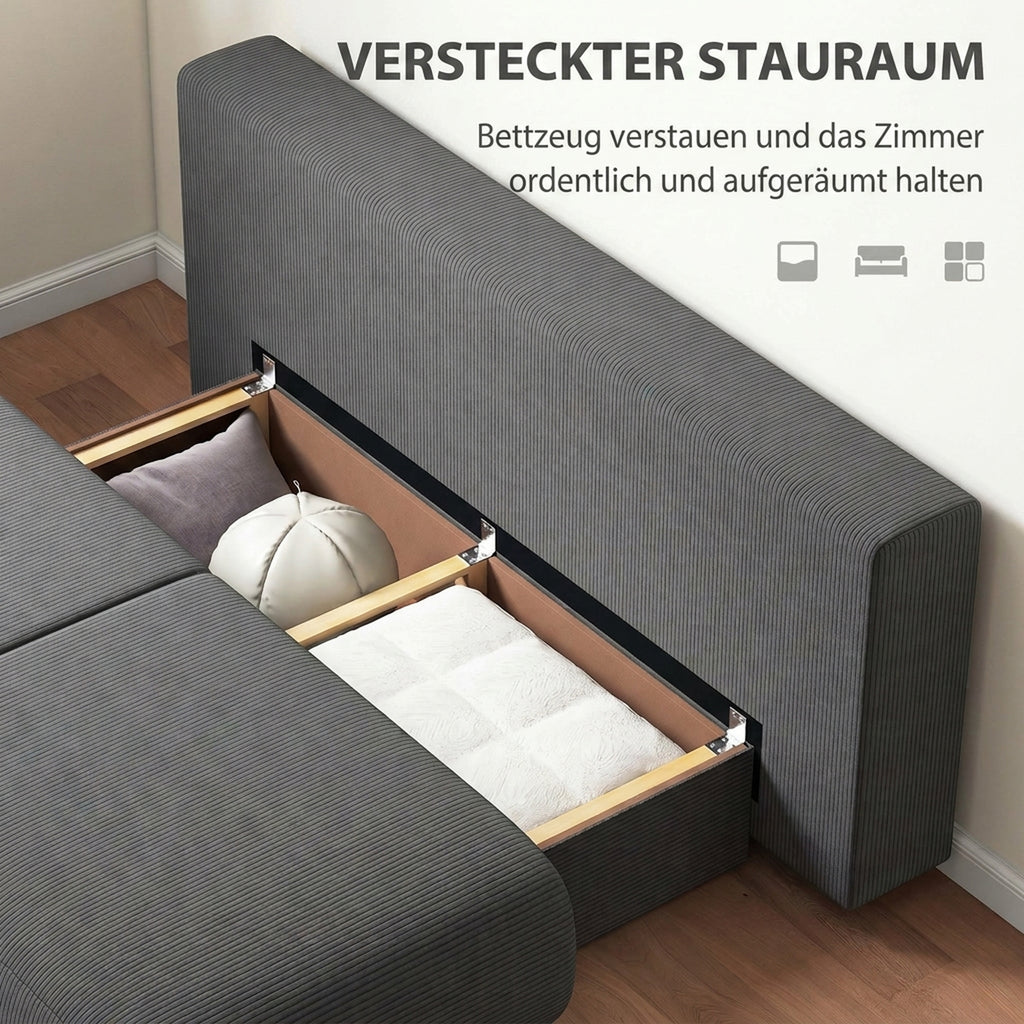 Schlafsofa mit verstellbarer Rückenlehne, Bettfunktion, verstecktem Stauraum und Cordbezug, Grau