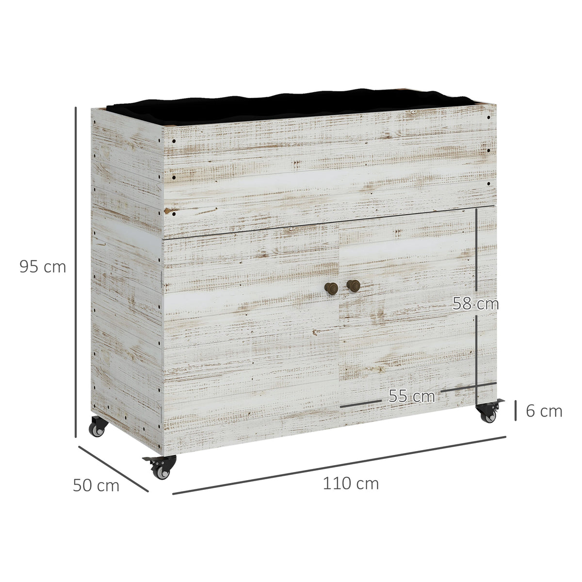 Hochbeet mit R?dern, Schrankfach, Innenauskleidung, Used Look, 110x50x95 cm, Wei?