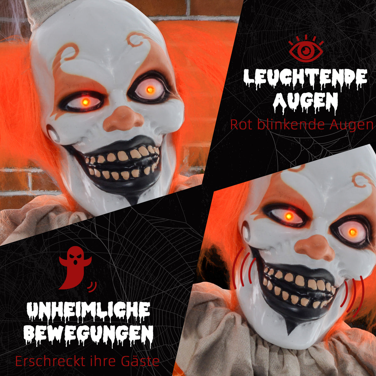 6' Orange Clown Halloween Animatronic, with Glowing Eyes