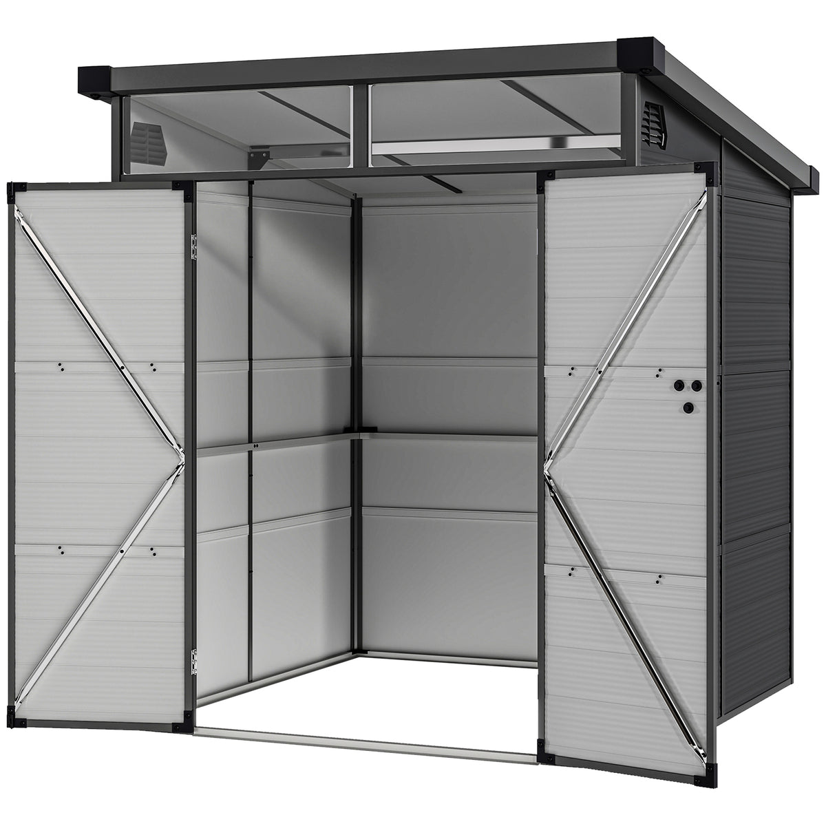6 x 6ft Outdoor Storage Shed, Plastic Garden Shed with Windows and Air Vents, Outdoor Resin Tool Shed with Latch Doors for Garden, Deck, Dark Grey