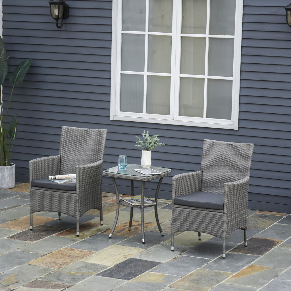 Polyrattan Gartenm?bel Set, Outdoor Lounge Balkonm?bel f¨¹r 2 Personen, 3-teilig Sitzgruppe, 2 St¨¹hle, Tisch Sitzkissen, Gartenlounge f¨¹r Garten, Terrasse, Balkon, Grau