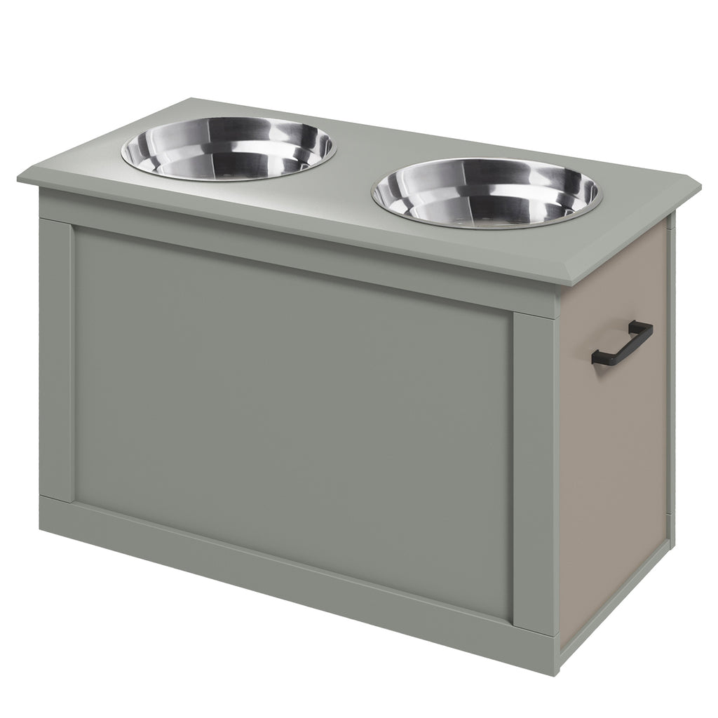 Raised Dog Bowls, with Storage, Two Stainless Steel Bowls, Elevated Base - Grey