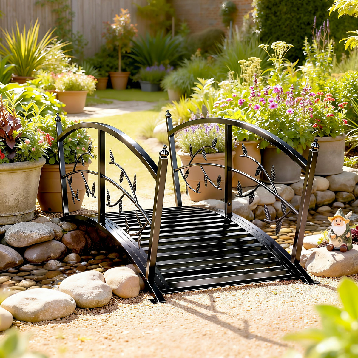 1.2M Metal Garden Bridge with Safety Railings, Outdoor Pond Bridge, Arch Decorative Footbridge for Creek Stream