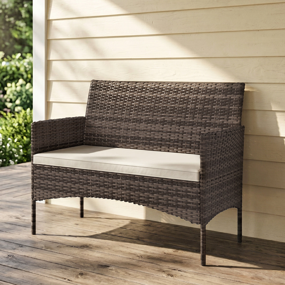 2-Sitzer Rattan Gartensofa PE-Rattan Outdoor-Terrassen-Sofa mit Polster, Anti-Rutsch-Matten, Stahlrahmen, Khaki