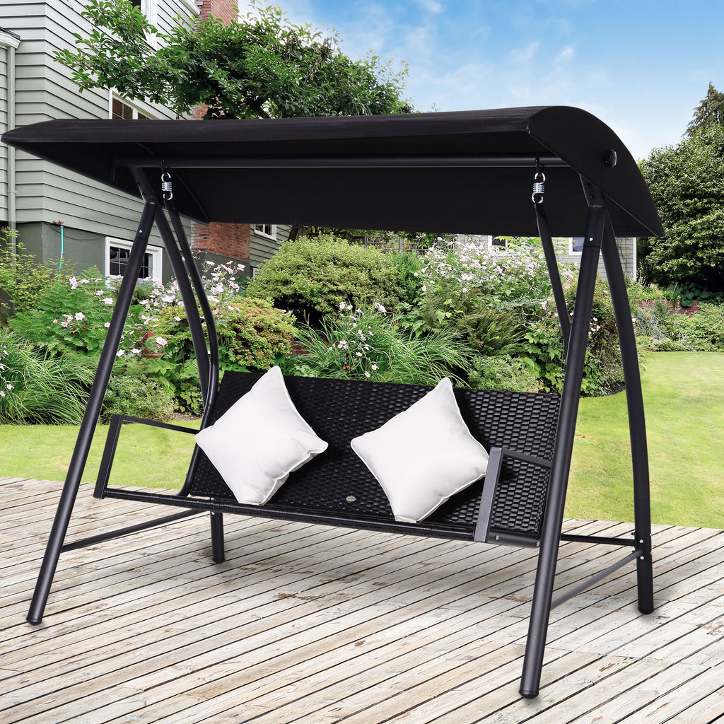  3-Sitzer Hollywoodschaukel Schaukel Polyrattan Metall mit Kissen belastbar bis 360kg Neu (Schwarz)