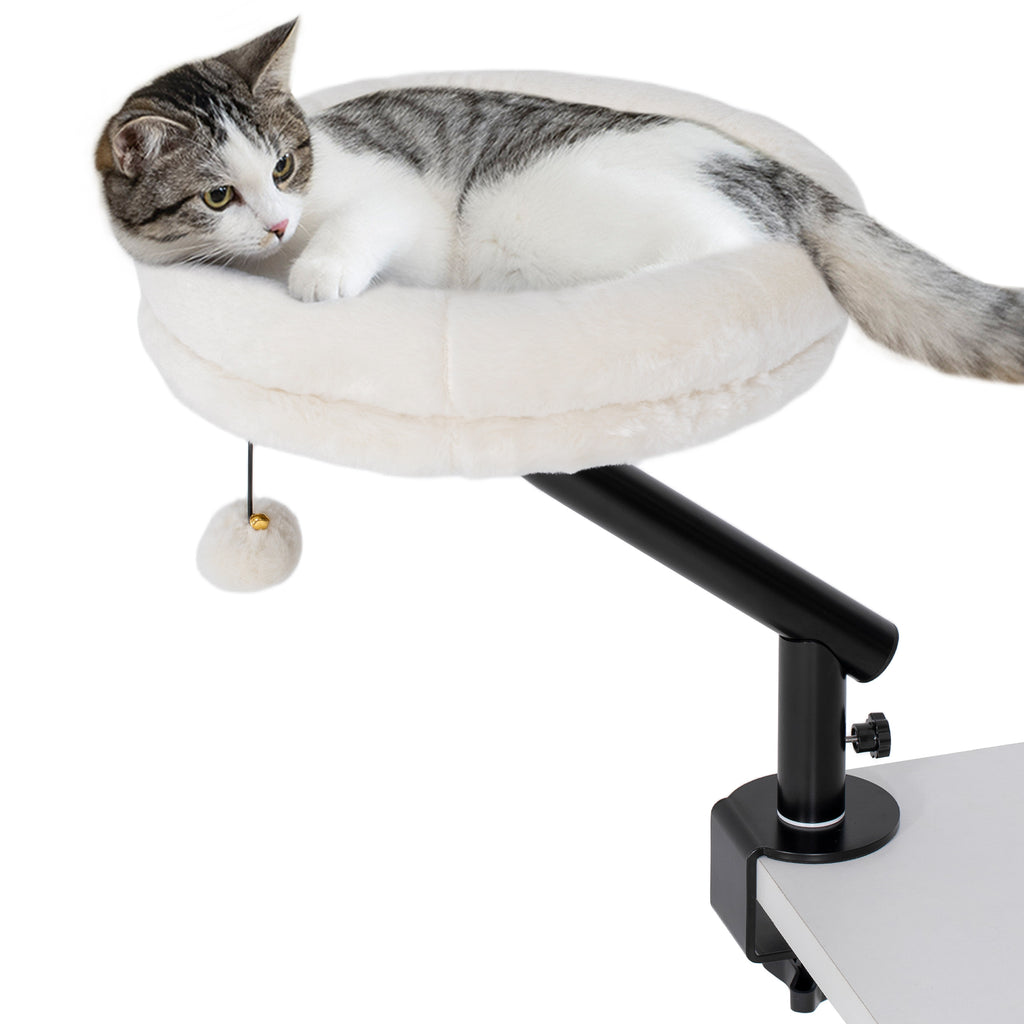 Katzen-Schreibtischbett, Katzenbett für Schreibtisch mit 360°Drehung, verstellbarer Höhe, Katzenliege mit abnehmbarem, maschinenwaschbarem Bett, für Katzen unter 6 kg, Heimbüro, Cremeweiß