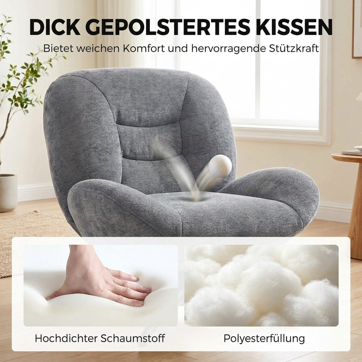 Sessel Wohnzimmer Drehbar Loungesessel mit Breiter Sitzfläche, Integrierter Armlehne, Chenille-Optik, Dunkelgrau
